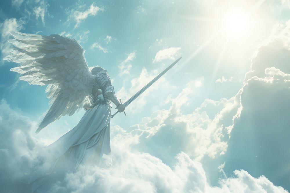 A shining angel in white clothes with a sword outdoors nature cloud.