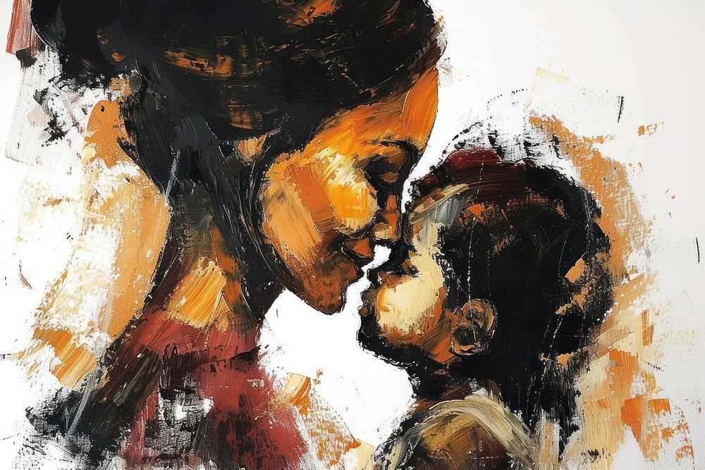 Mother and a daughter painting kissing drawing.
