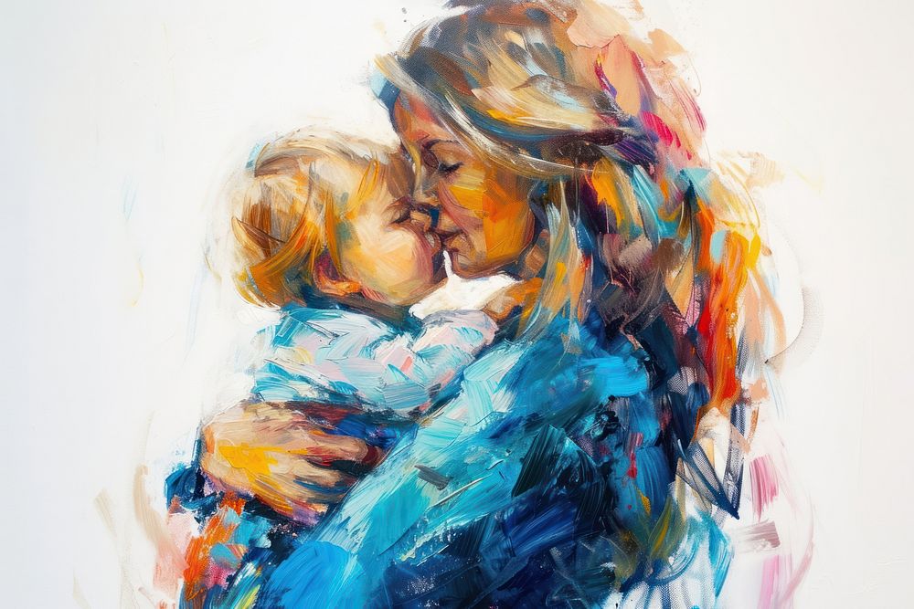 Mother holding a toddler painting portrait drawing.