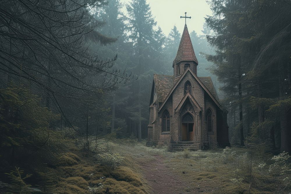 Abandoned church in the forest architecture building house.