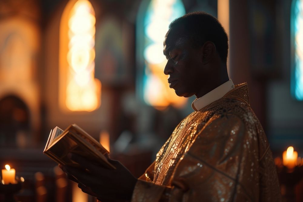 African american priest praying in church adult spirituality architecture.