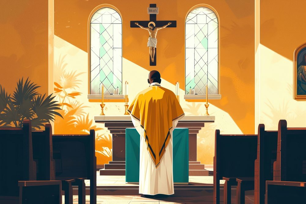 African american priest praying in church architecture building cross.