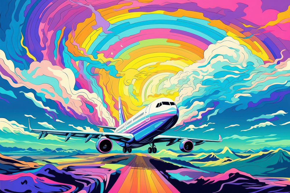 Airport in the style of graphic novel painting art aircraft.