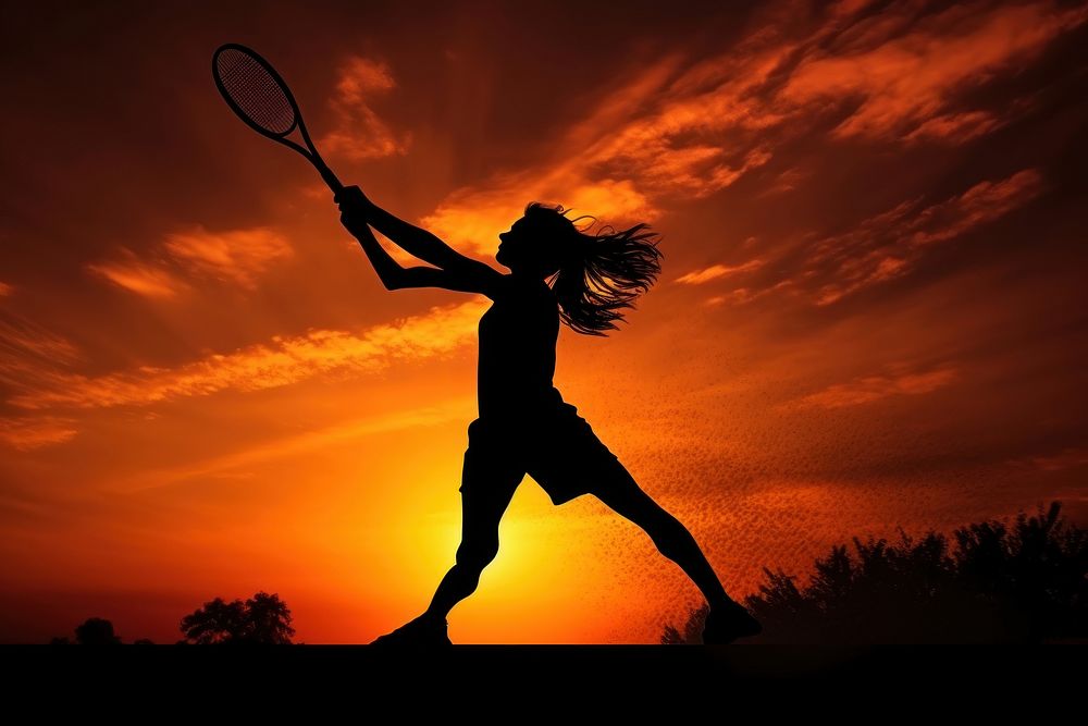 Badminton player backlighting silhouette motion.