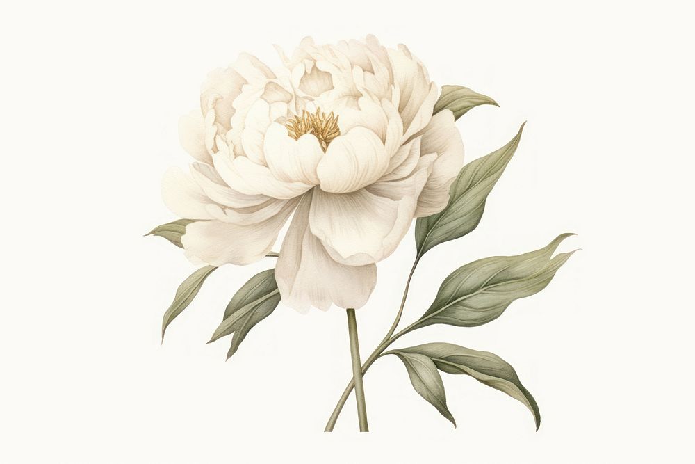 Botanical illustration peony flower plant white.