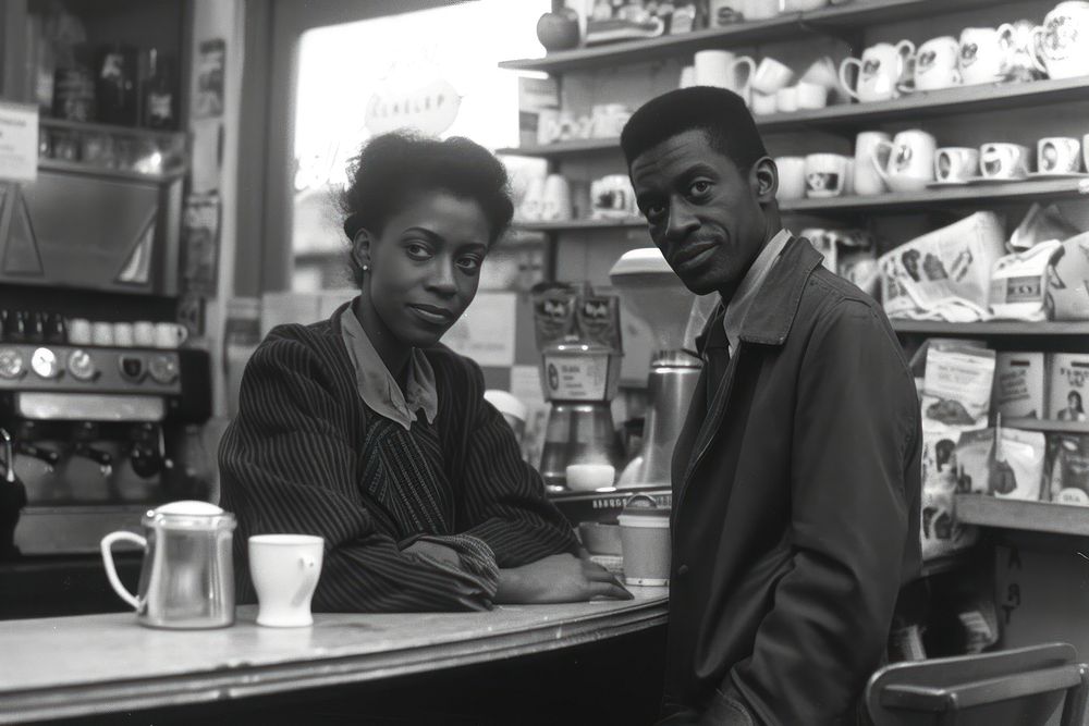 Black male and female staff In Coffee Shop portrait adult shop.