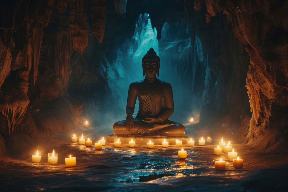 Buddha sitting in lotus pose and meditating candle burning buddha.