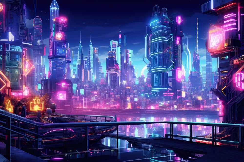 Neon light city architecture cityscape.