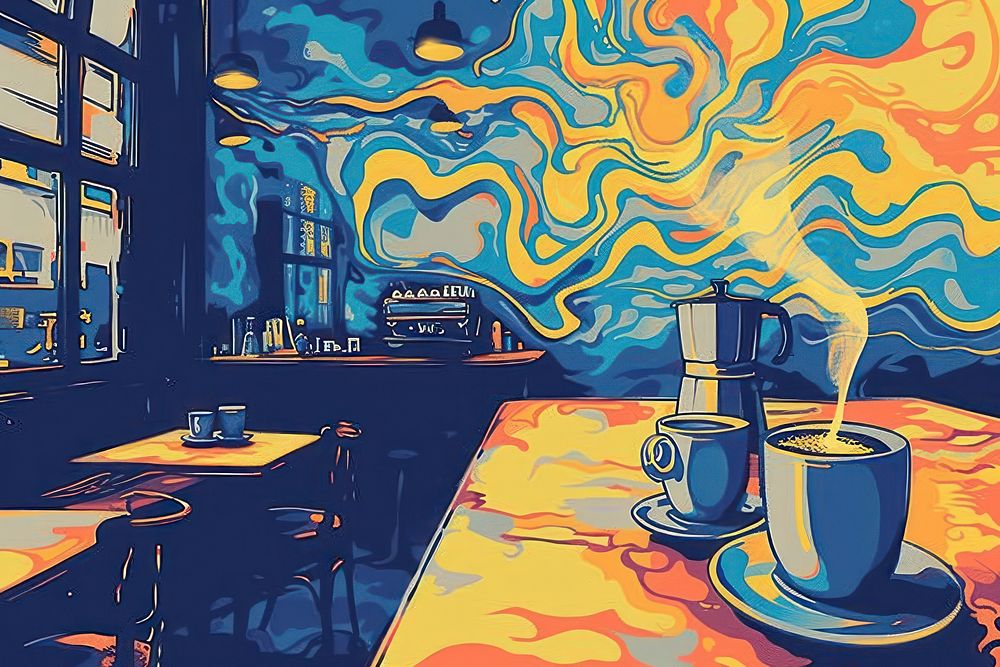 Coffee shop in the style of graphic novel painting art restaurant.