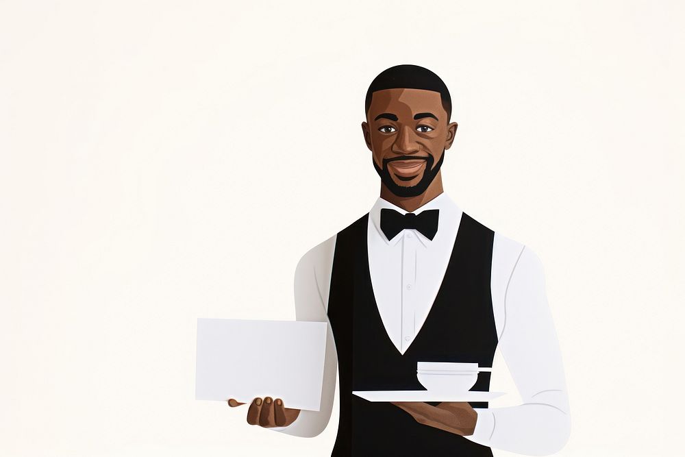 Black man waiter tuxedo adult happiness.