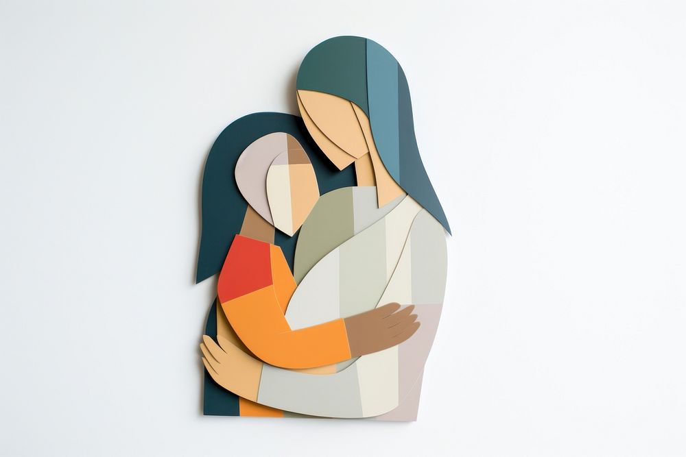 Mother hugging child craft art representation.