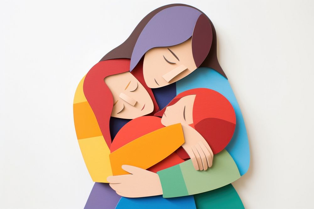 Mother hugging child sleeping art representation.