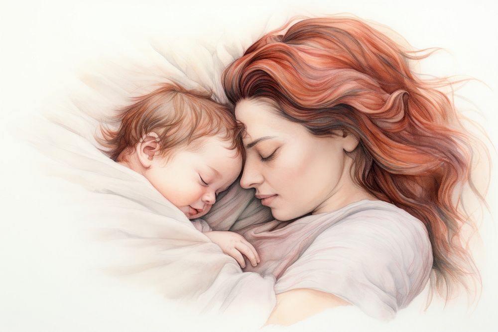 Mother and child sleeping portrait drawing.