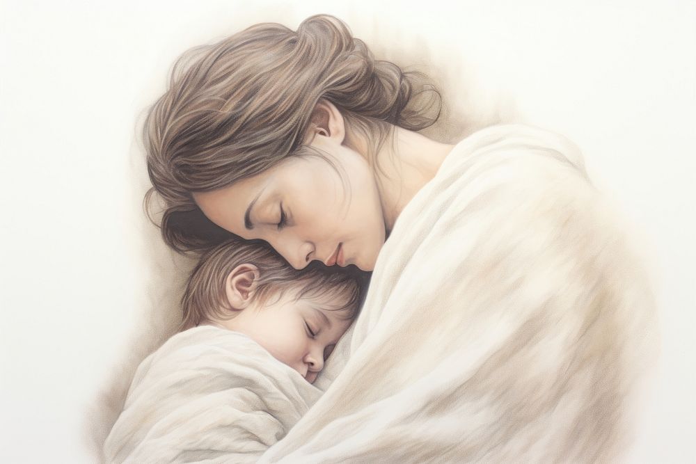 Mother and child sleeping portrait drawing.