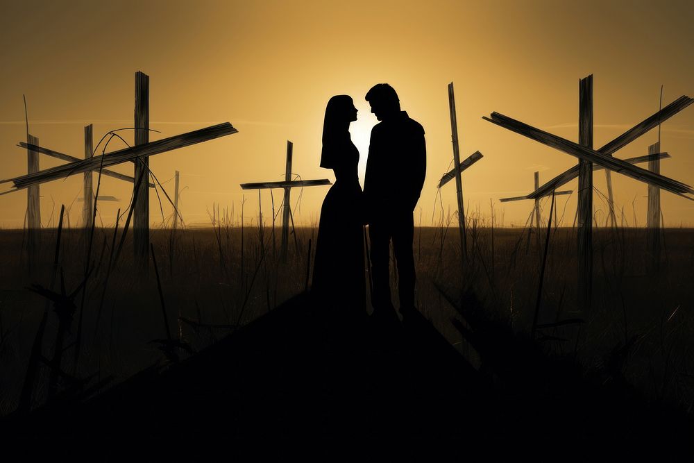 Couple silhouette at surreal cross backlighting windmill.
