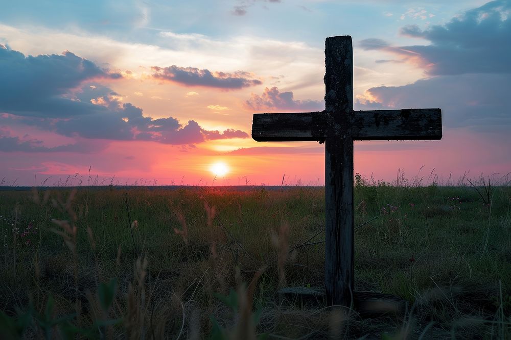 Cross at sunset religion and faith cross outdoors horizon.