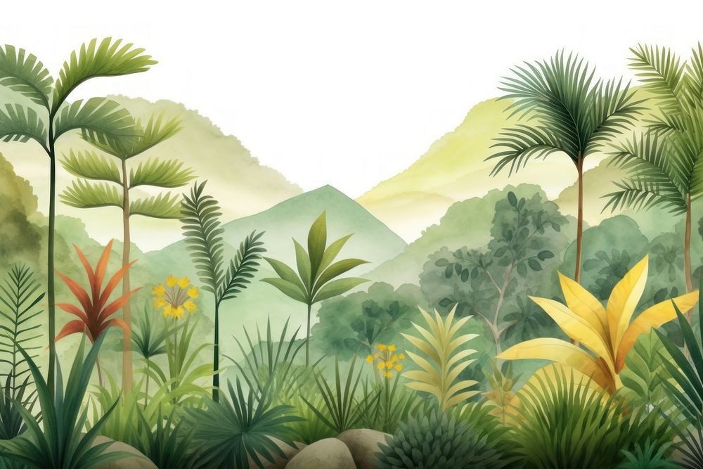 Cute watercolor illustration of mountain jungle backgrounds vegetation landscape.