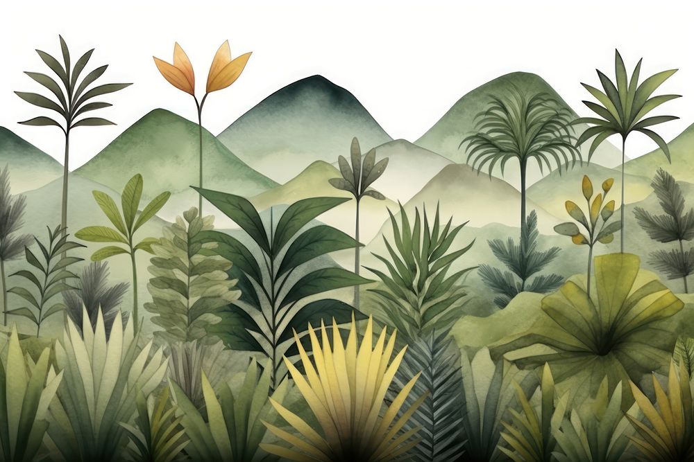 Cute watercolor illustration of mountain jungle backgrounds vegetation outdoors.