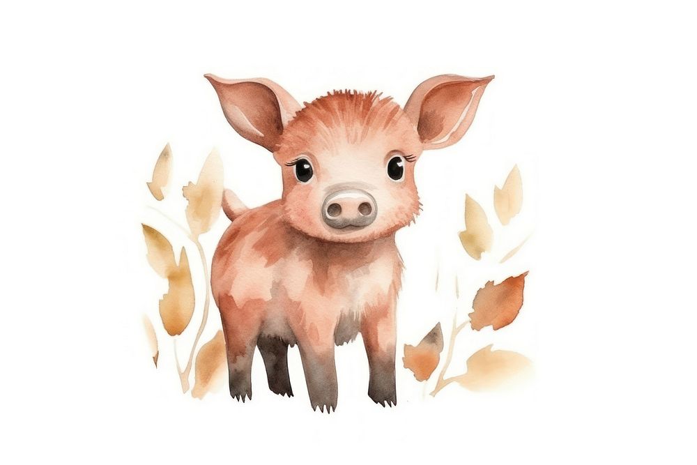 Cute watercolor illustration of a boar mammal animal pig.