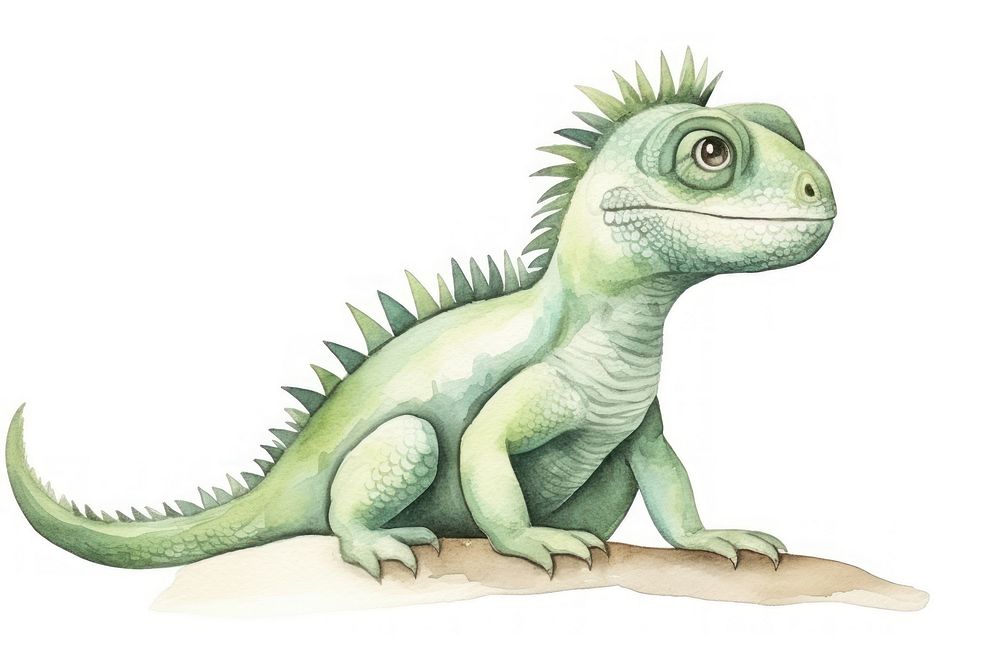 Cute watercolor illustration of a green iguana minimal reptile animal lizard.
