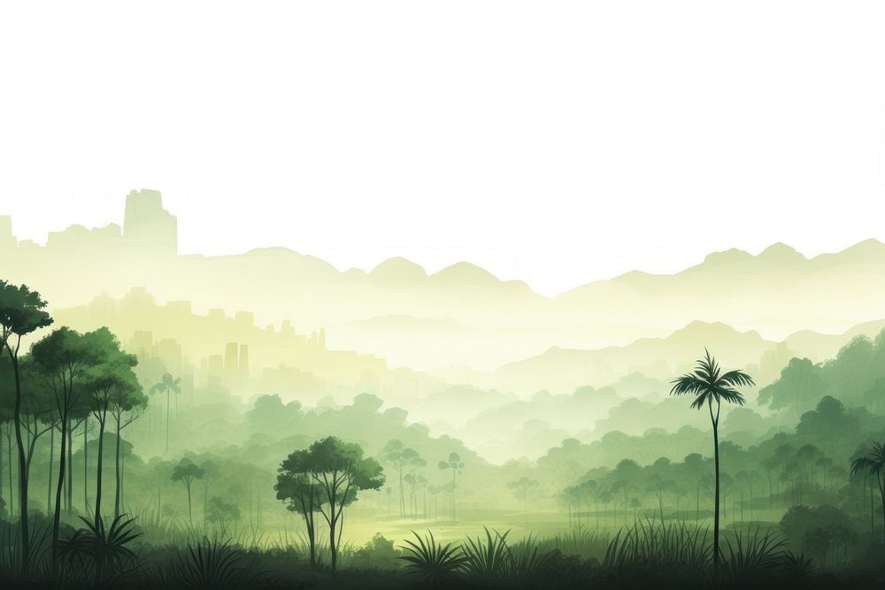 Cute watercolor illustration of Amazon jungle vegetation landscape outdoors.