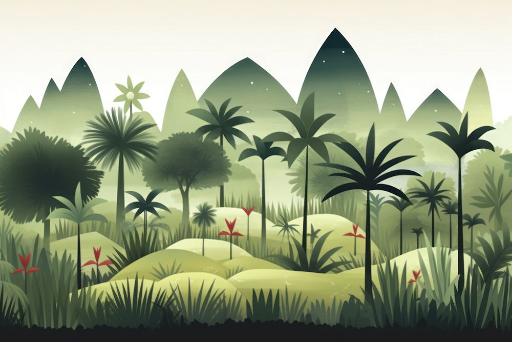 Cute watercolor illustration of Amazon jungle vegetation landscape outdoors.
