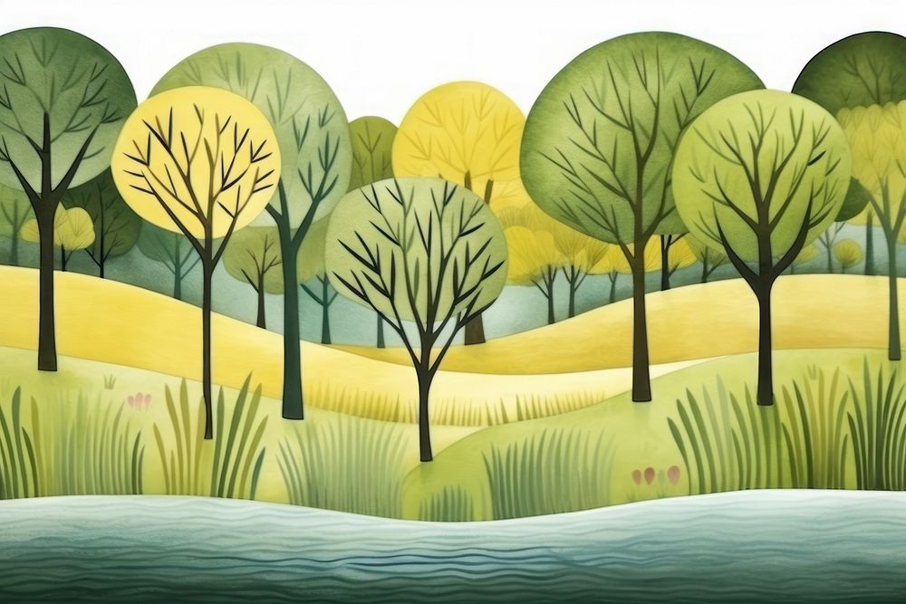 Cute watercolor illustration of river jungle landscape outdoors nature.