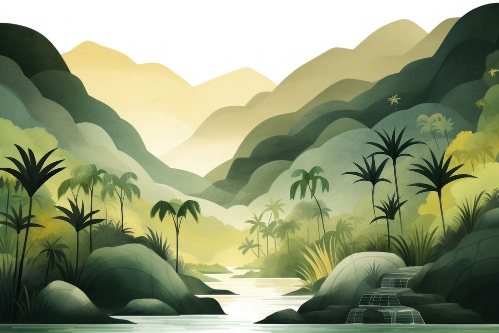 Cute watercolor illustration of waterfall Amazon jungle vegetation landscape outdoors.