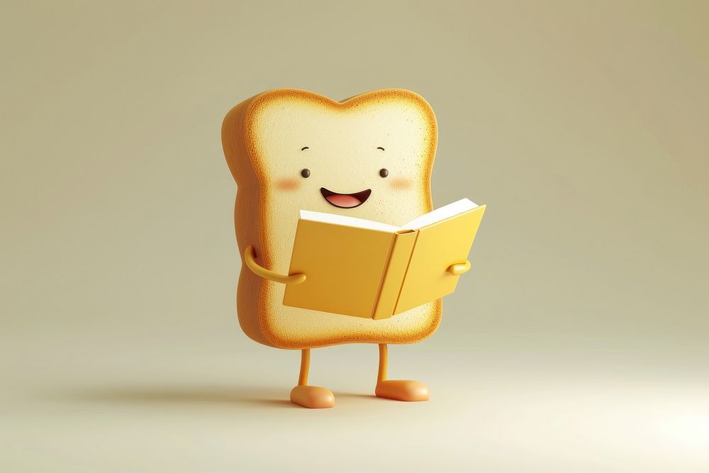 Cute bread character reading cartoon publication.