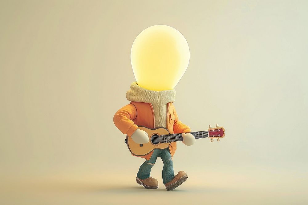 Lightbulb character wearing jacket cartoon guitar music.