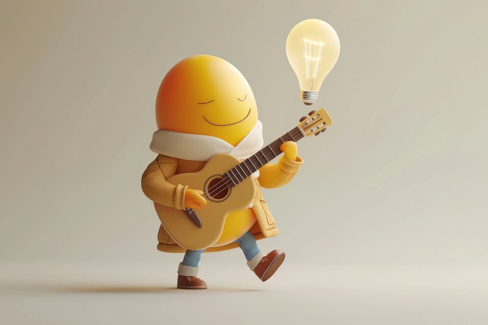 Lightbulb character wearing jacket cartoon guitar anthropomorphic.