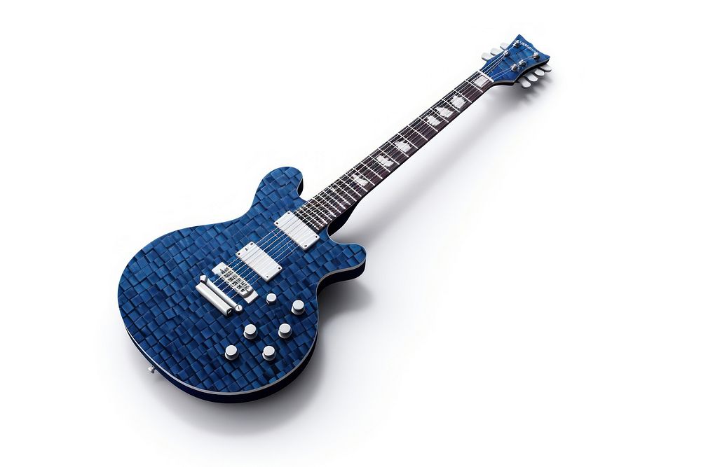 3D pixel art guitar blue white background string.