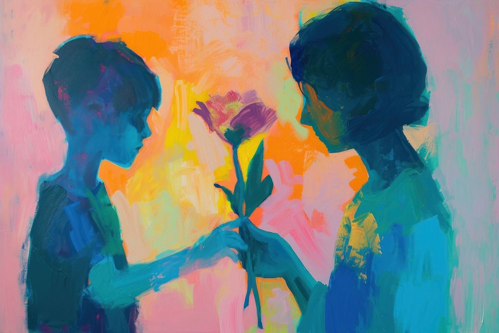 Son giving flower to mom painting adult art.