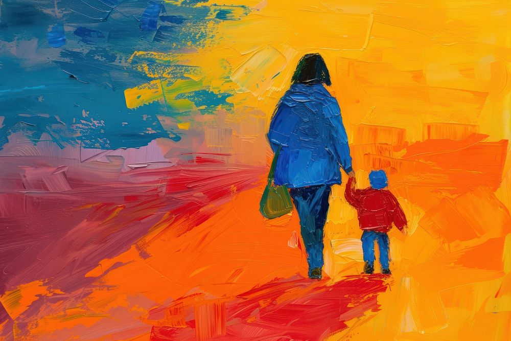 Mother walking with son painting adult togetherness.