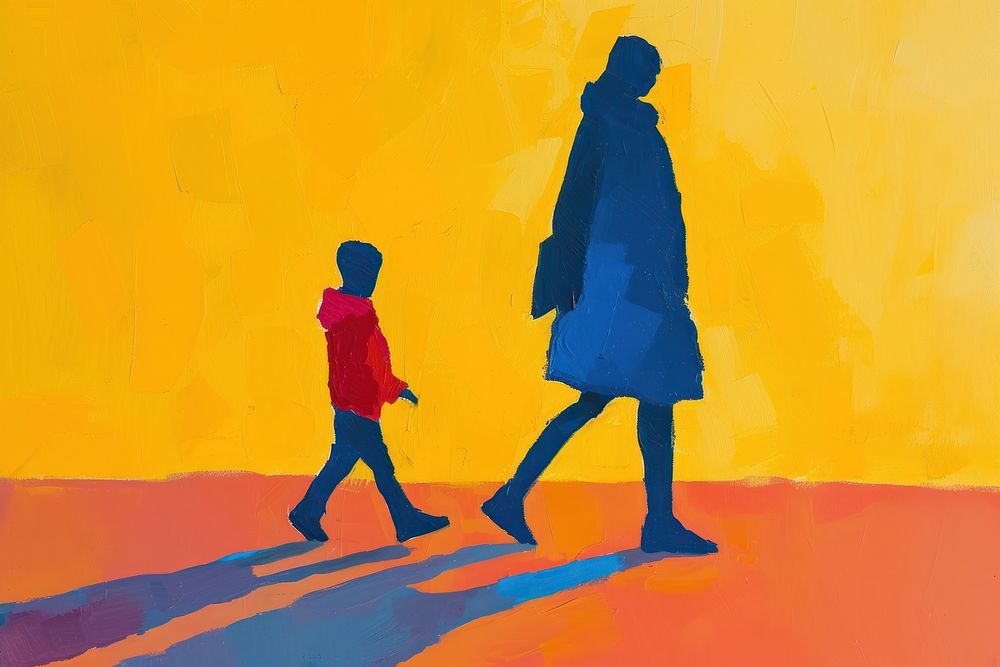 Mother walking with son painting adult togetherness.