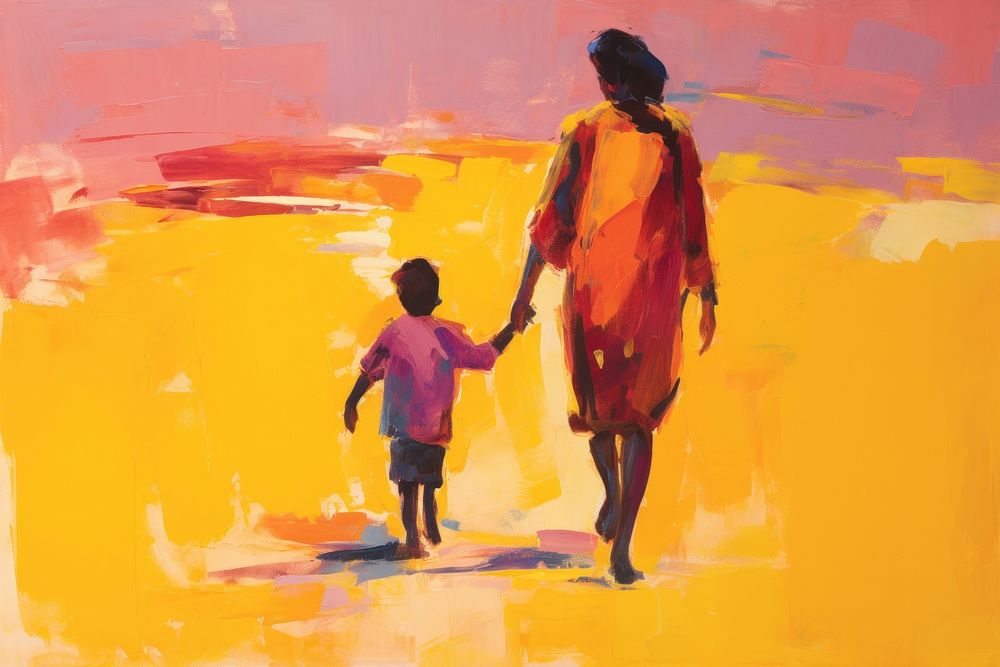 Happy mother and child walking painting adult art.