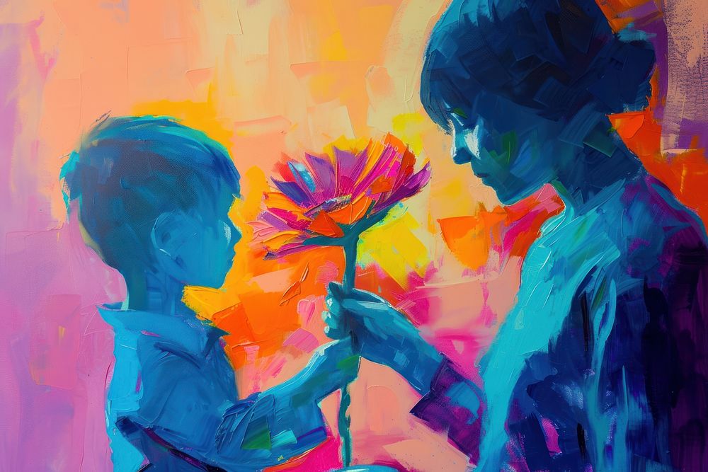 Son giving flower to mom painting adult art.