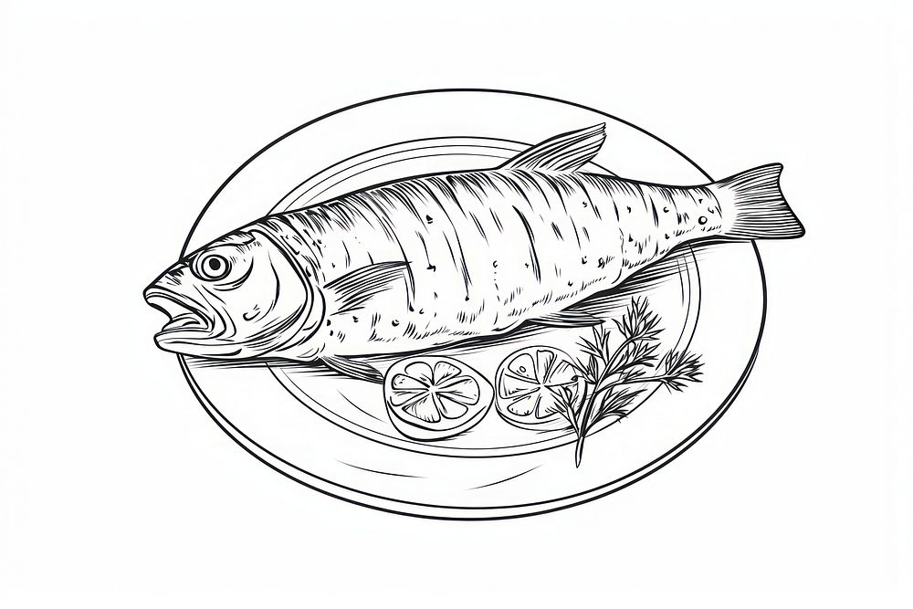 Fish steak dish sketch seafood drawing.
