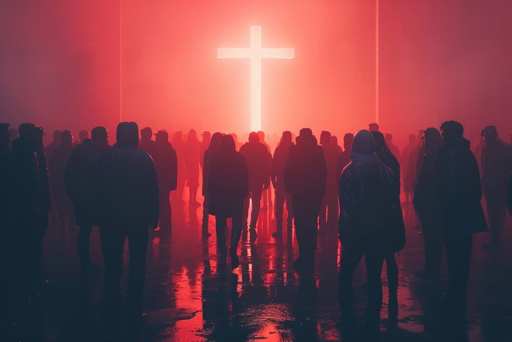 Glowing cross crowd of people silhouettes symbol adult spirituality.