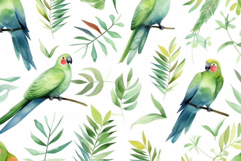 Hand painted watercolor tropical leaves and birds seamless pattern parrot animal.