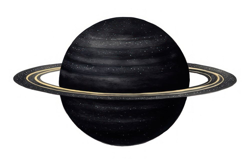 Black color saturn planet space white background.
