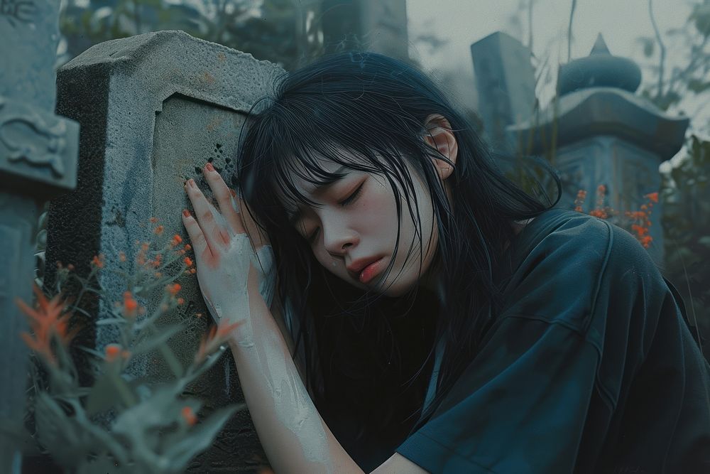 JapaneseYoung female crying at the grave worried adult disappointment.