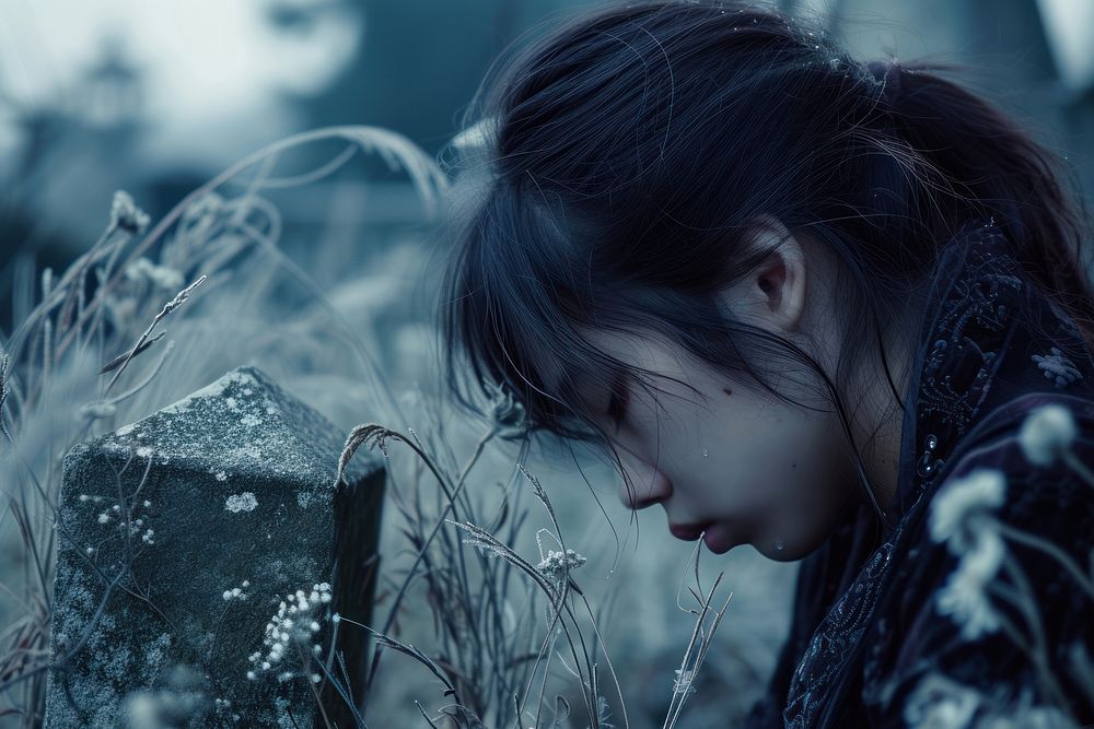 JapaneseYoung female crying at the grave portrait contemplation photography.