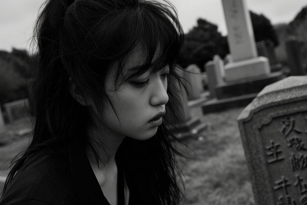 JapaneseYoung female crying at the grave tombstone portrait outdoors.