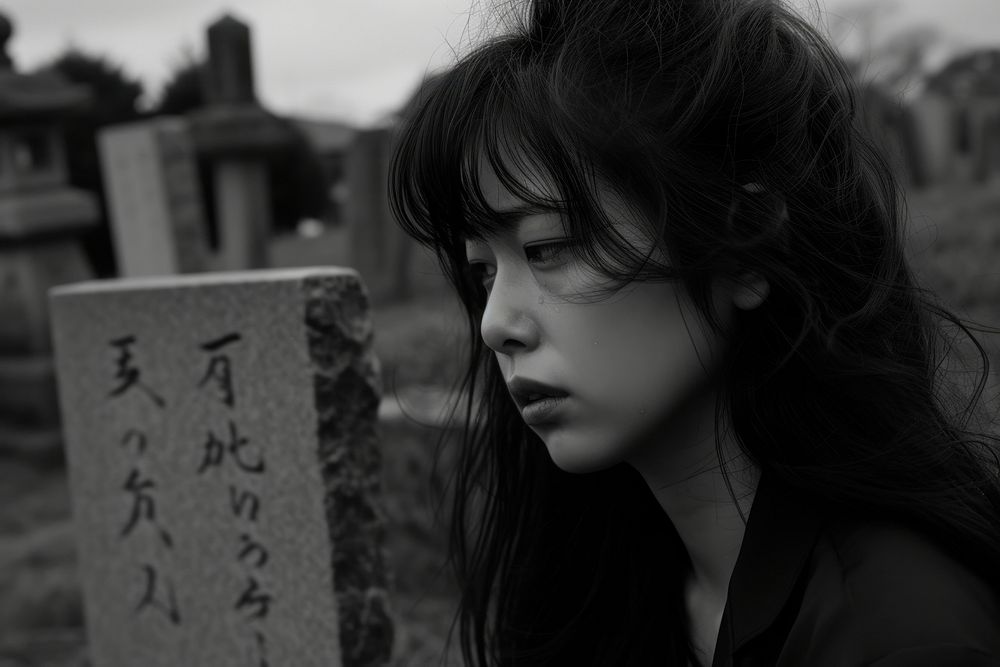 JapaneseYoung female crying at the grave tombstone portrait adult.