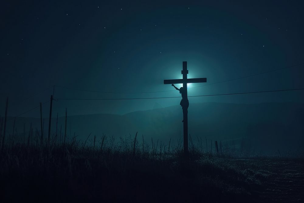 Jesus is hanging on the cross as darkness outdoors nature night.