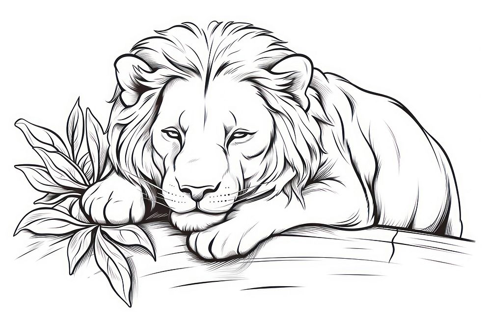 Lion sleeping sketch drawing white.