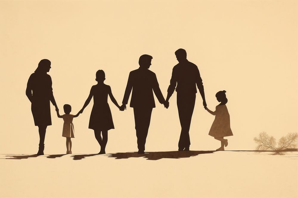 Litograph minimal person interacting with family walking adult togetherness.