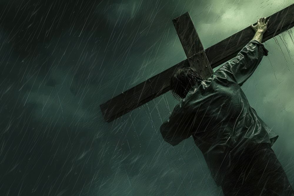 Man clinging to cross in the storm architecture crucifix darkness.