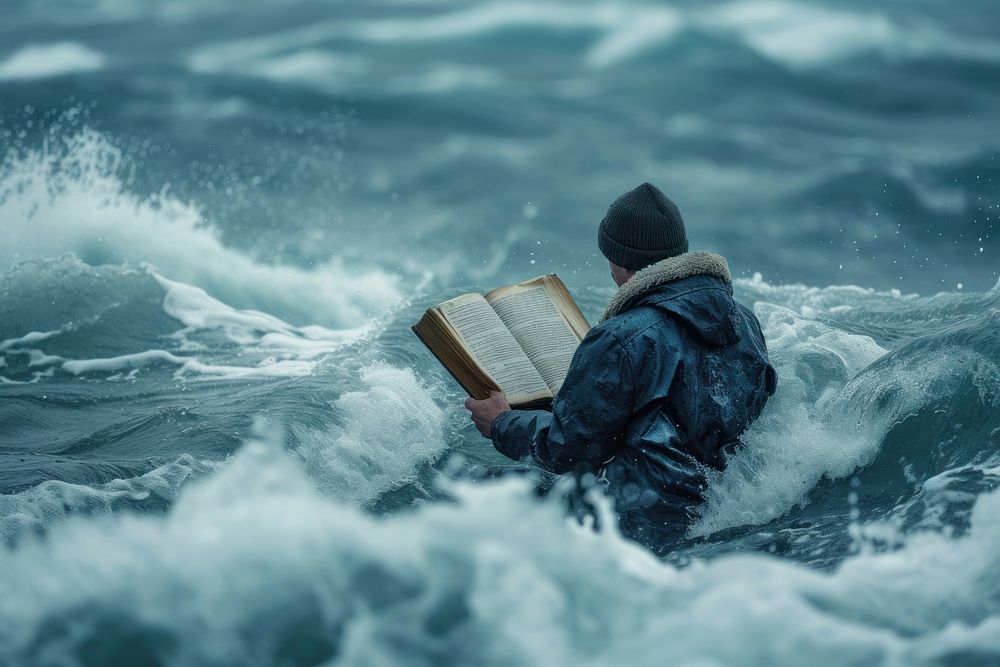 Man sailing on the Holy Bible sea outdoors nature.